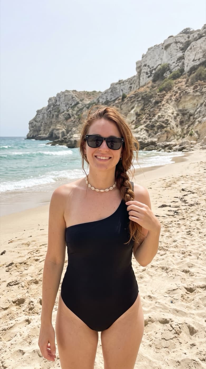 A woman in a black swimsuit on a beach, original photo